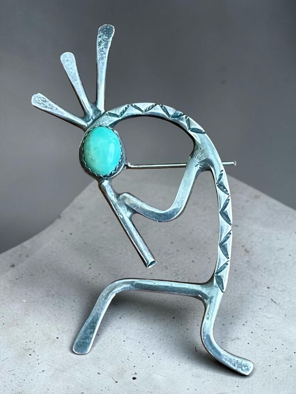 Vintage Native American Large Kokopelli 925 Brooch turquoise bezel 7.89g 2.5”
